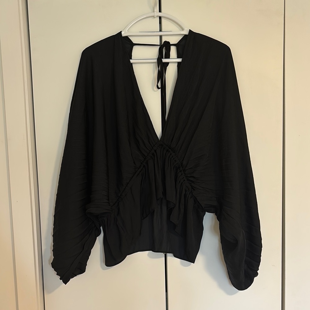 Black Puff Sleeve Tie Front Blouse - Eliouse Blouse